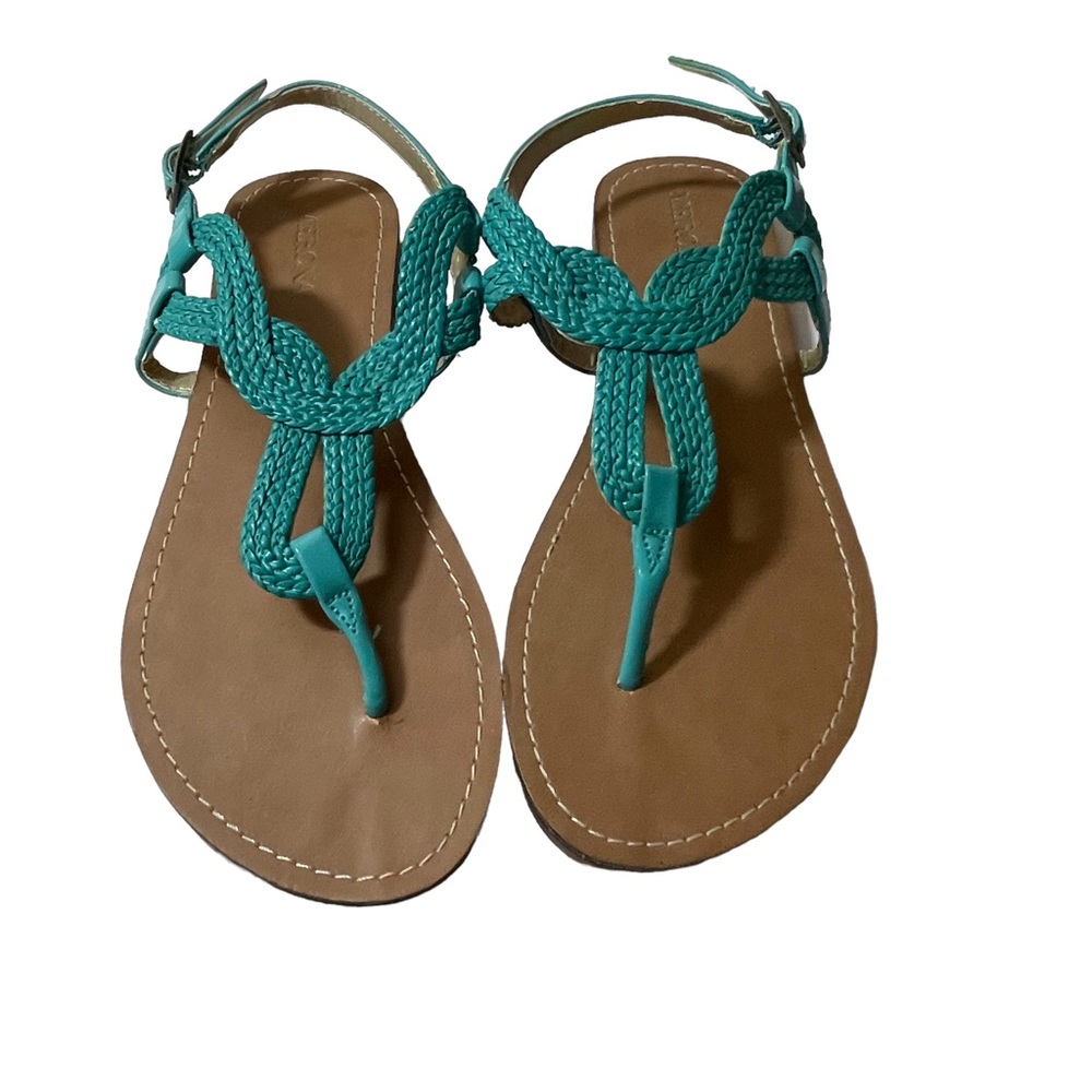 Merona Braided Patent teal and Gold T-strap Sandals NEW